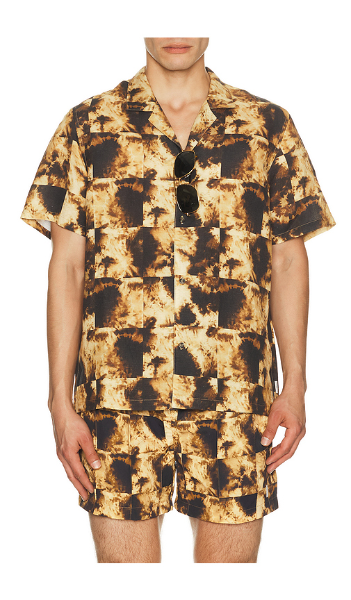 AUTO-REPLY Alex Printed Short Sleeve Linen Shirt in Relic Saltstone - Cream. S also in M, L, XL/1X