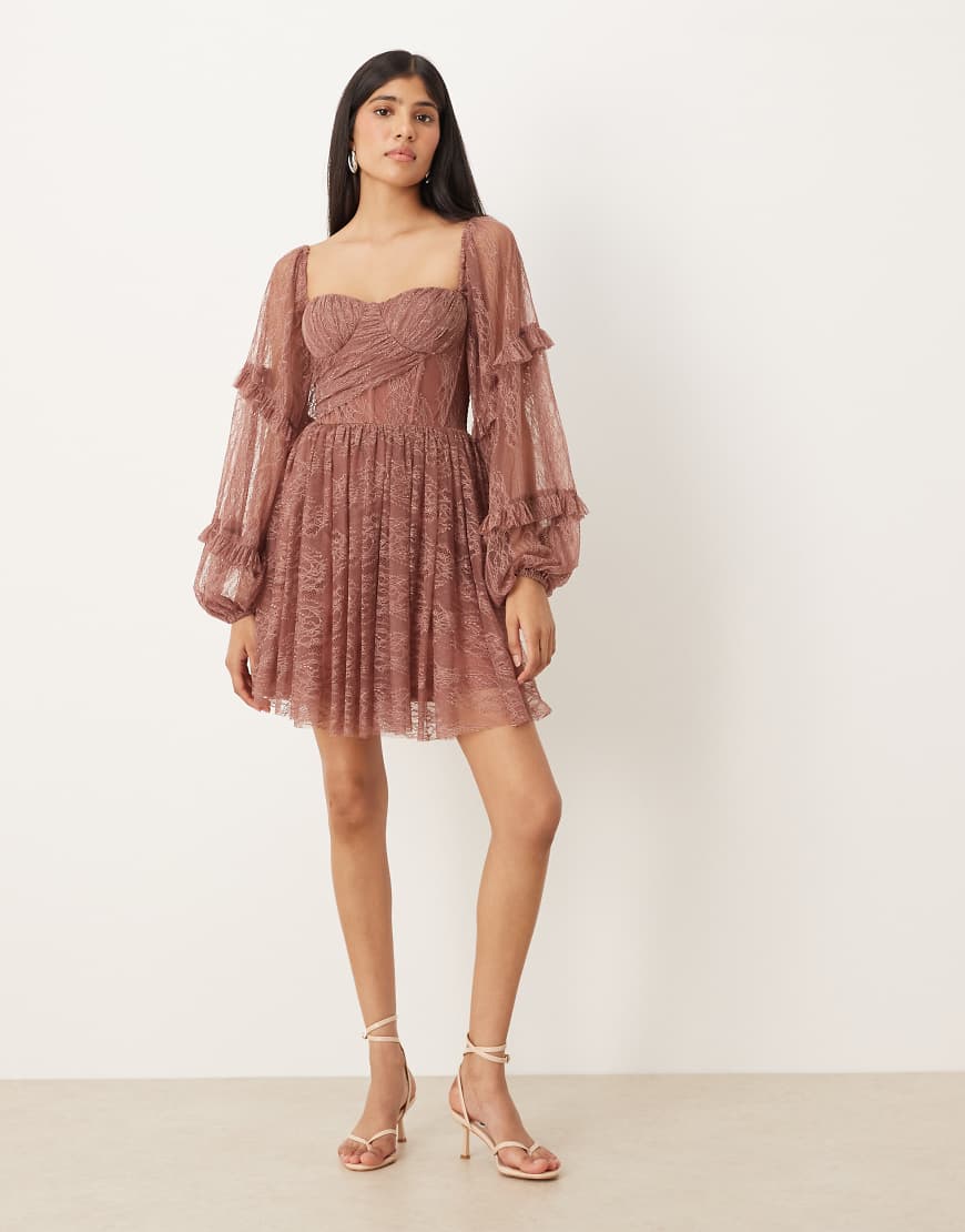 Balloon sleeve ruffle lace mini dress in rose brown