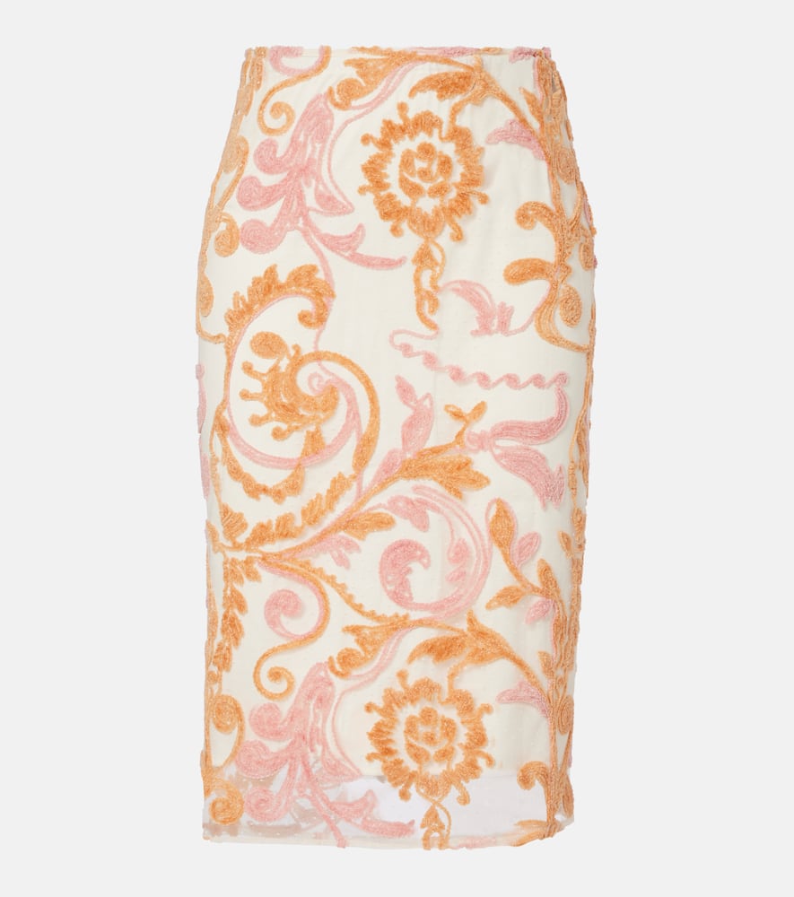 Embroidered velvet and tulle midi skirt