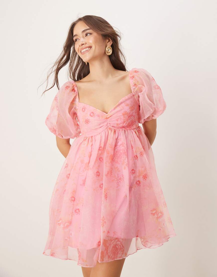 Sheer sleeve organza mini dress in pink floral