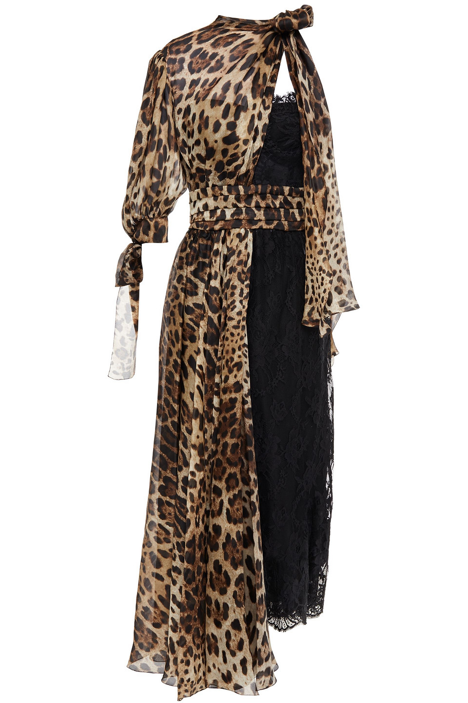 Tie-neck leopard-print silk-blend voile and lace midi dress - Animal print - IT 36