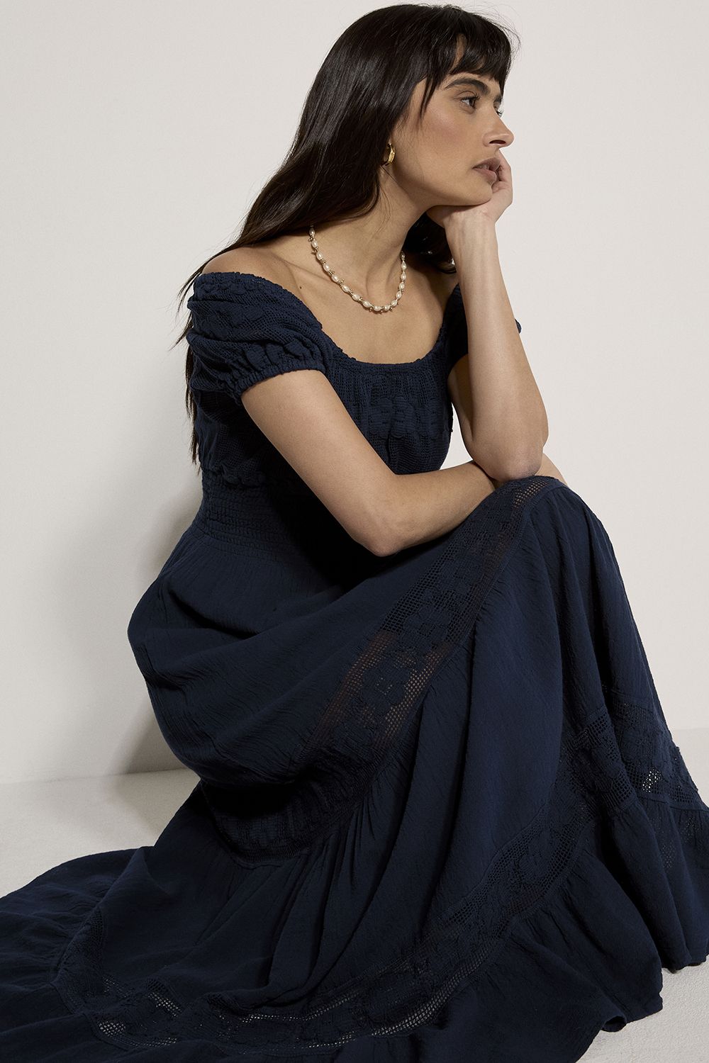 Apricot Women's Floral Lace Cotton Milkmaid Maxi Dress in Navy