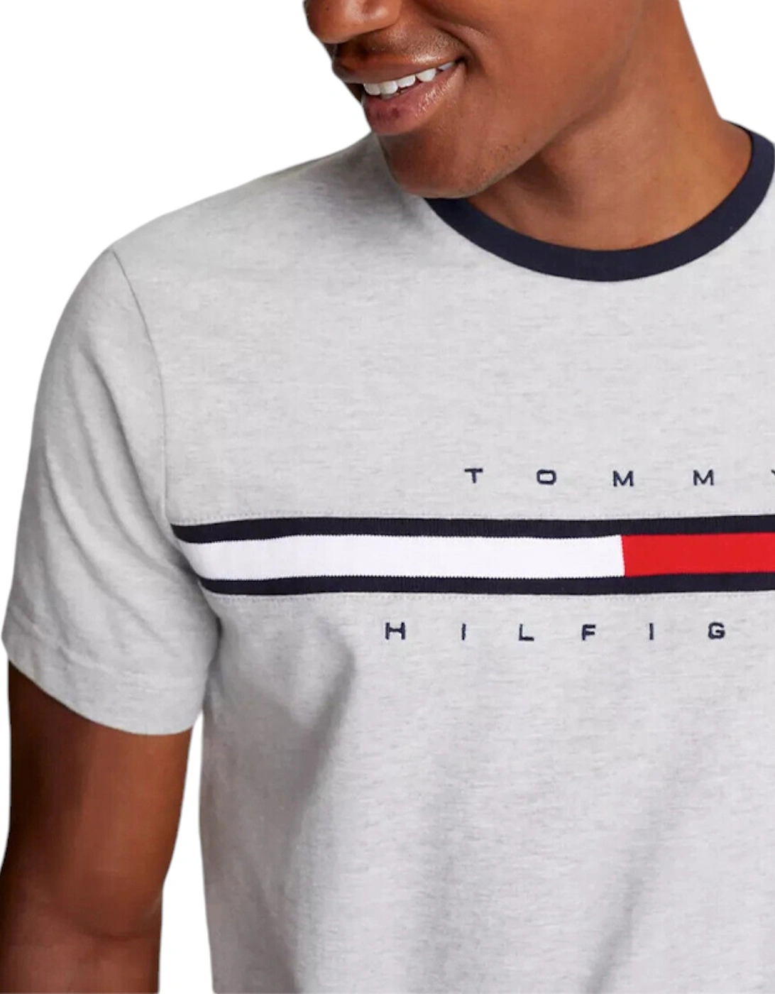 Men's Tommy Hilfiger Mens T Shirts Crew Neck Signature Stripe Summer Cotton Tino Tee - Grey