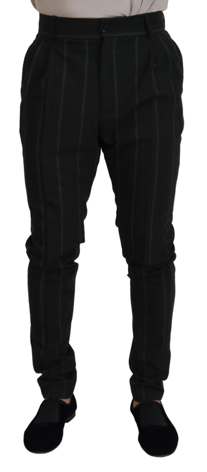 Pinstriped Wool-Blend Trousers — Black