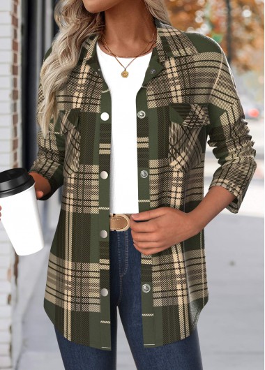 Modlily Green Patchwork Plaid Long Sleeve Turn Down Collar Coat