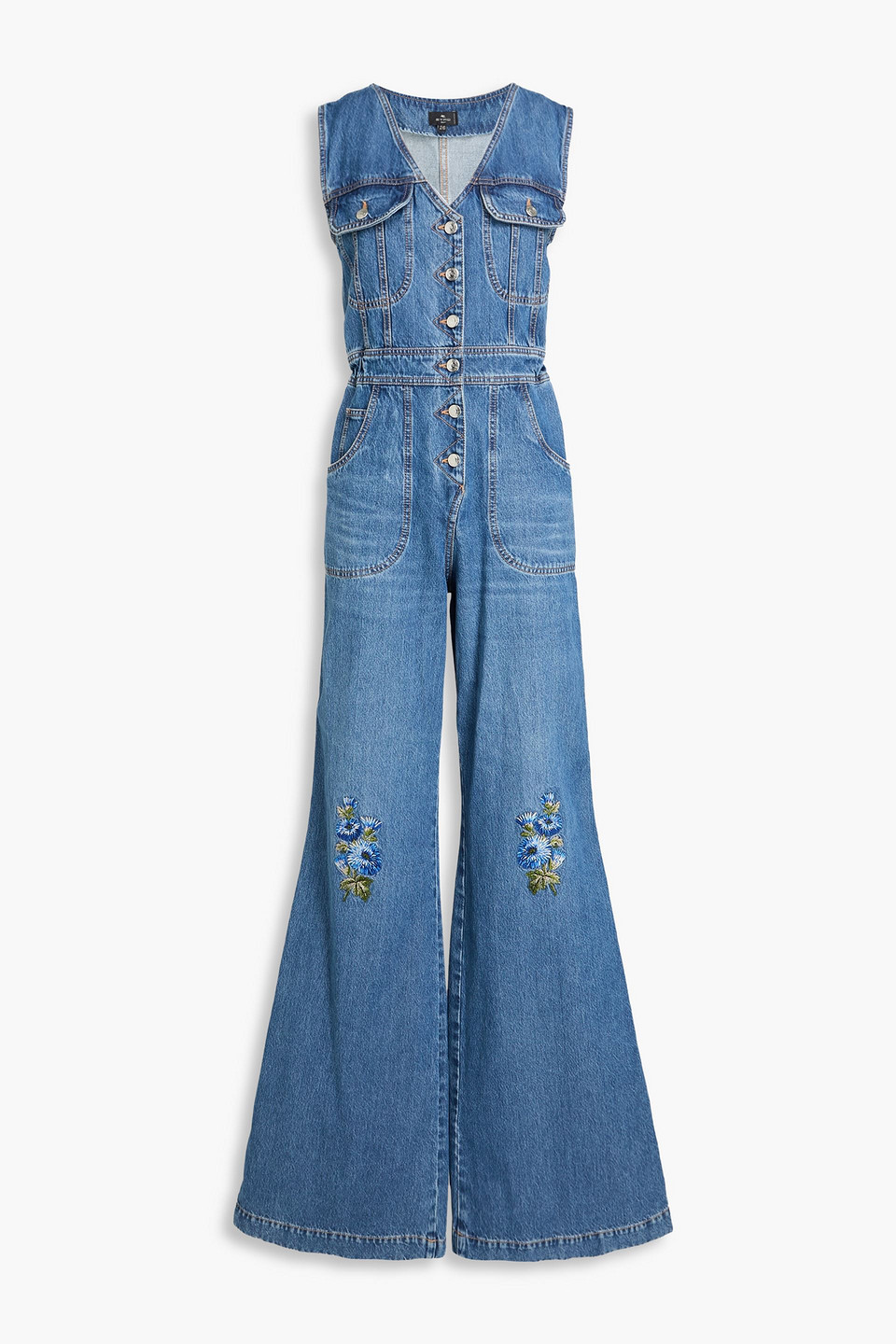 Embroidered denim wide-leg jumpsuit - Blue - 27