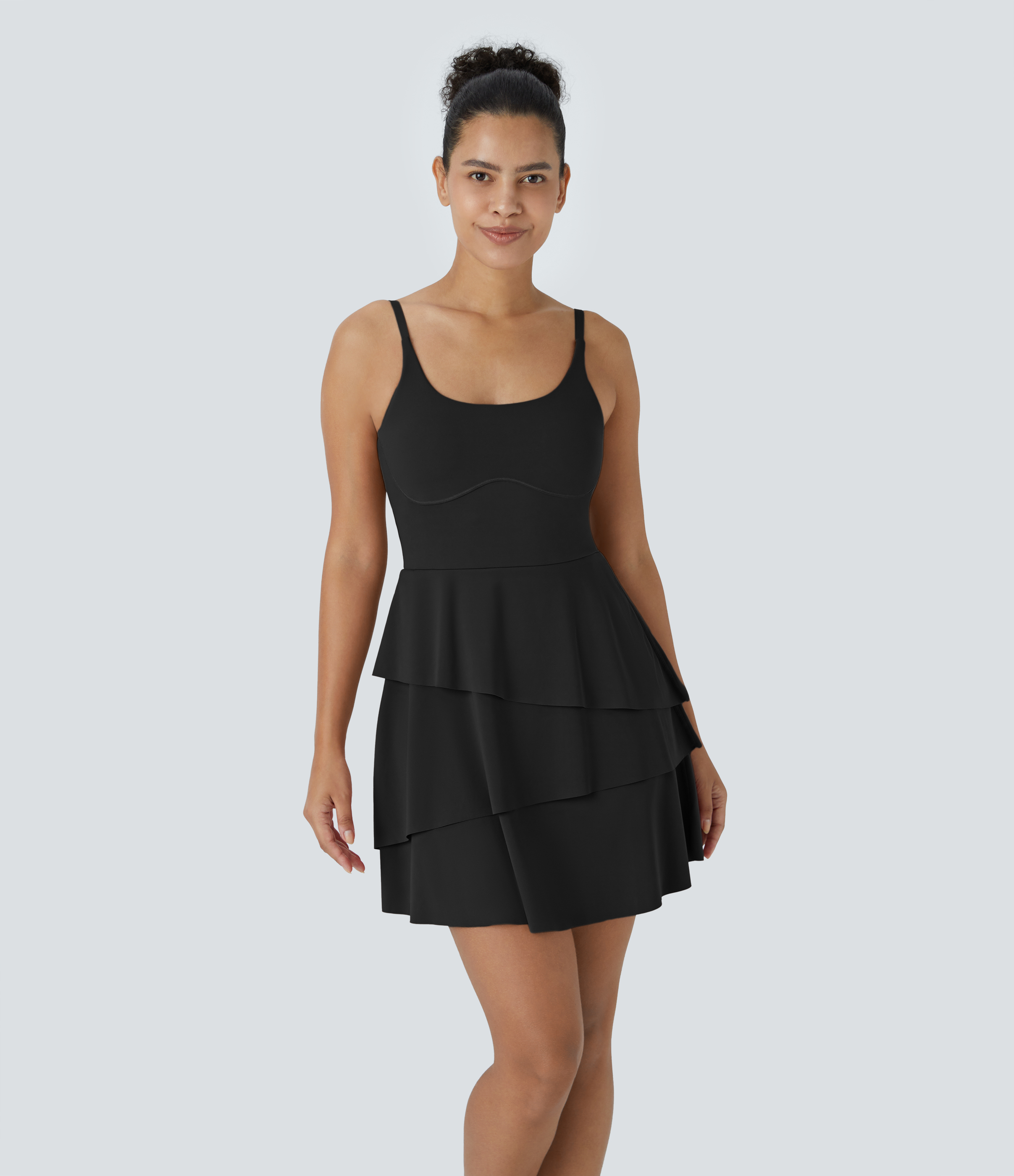 SoftlyZero™ Airy Tiered Ruffle 2-in-1 Pocket Cool Touch Mini Slip Dance Active Dress-UPF50+ Workout Dress - Black