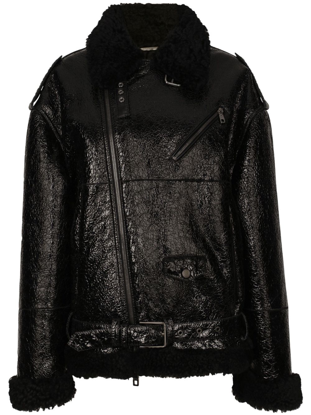 Frilled-collar pebbled leather jacket - Black