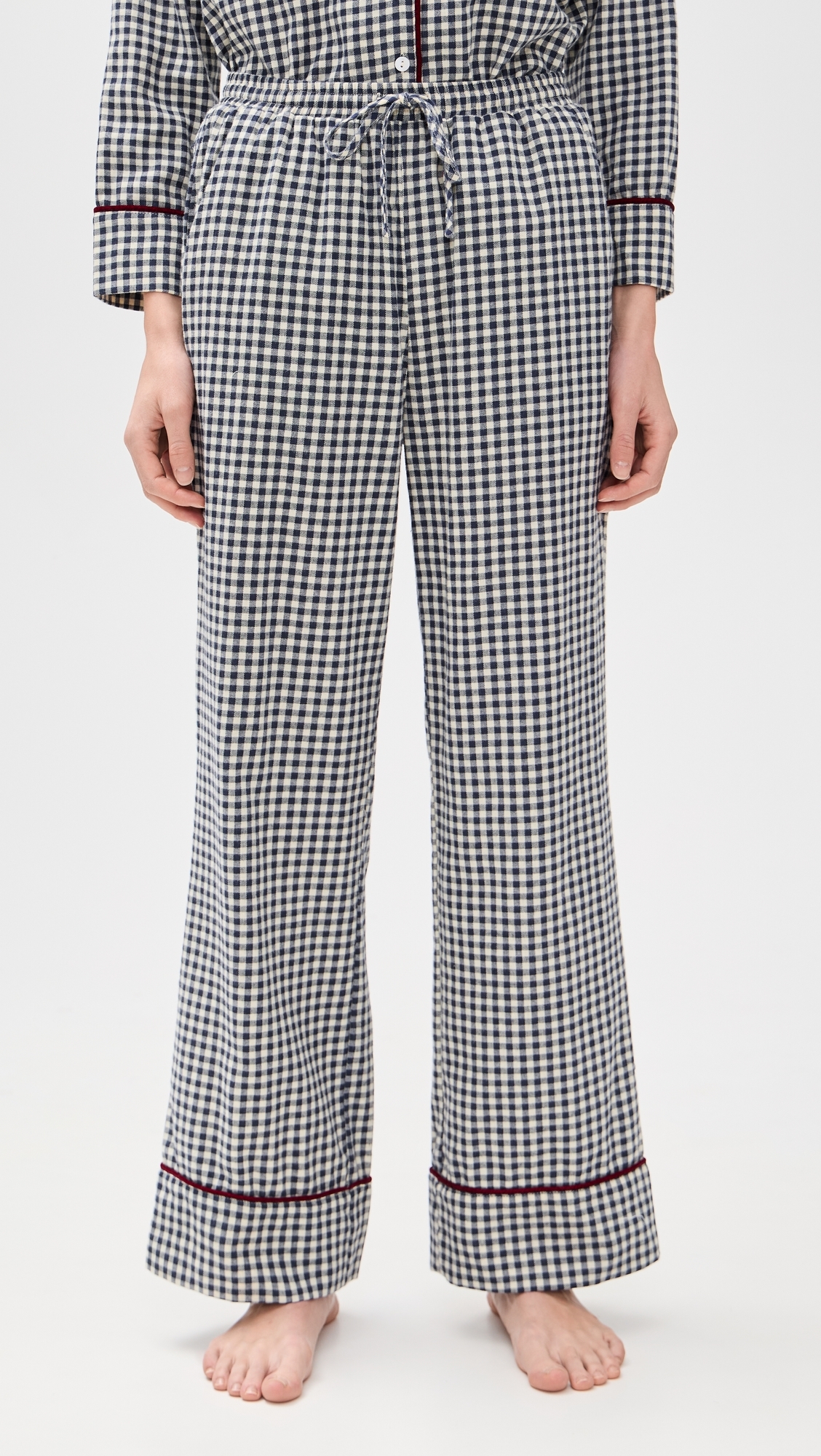 Flannel Gingham Piped Pajama Set Navy Gingham