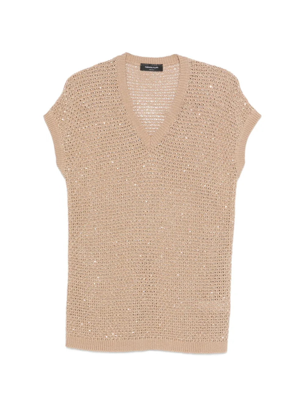 Sequin-Embellished Open Knit Tank Top — Beige