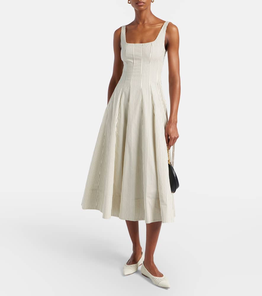 Striped pleated cotton midi dress