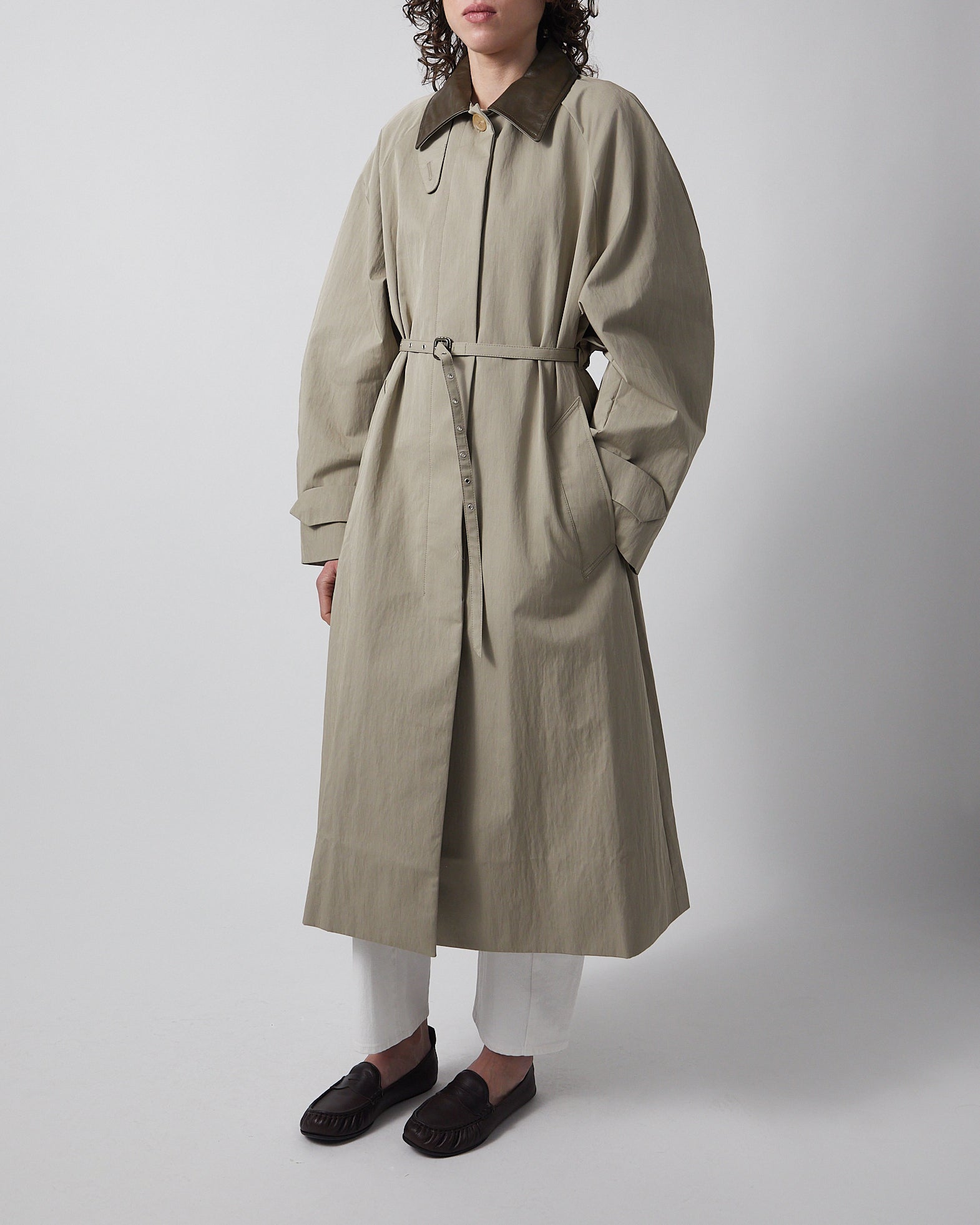 Acne Studios Trench Coat Belted Leather Collar Grön/grå