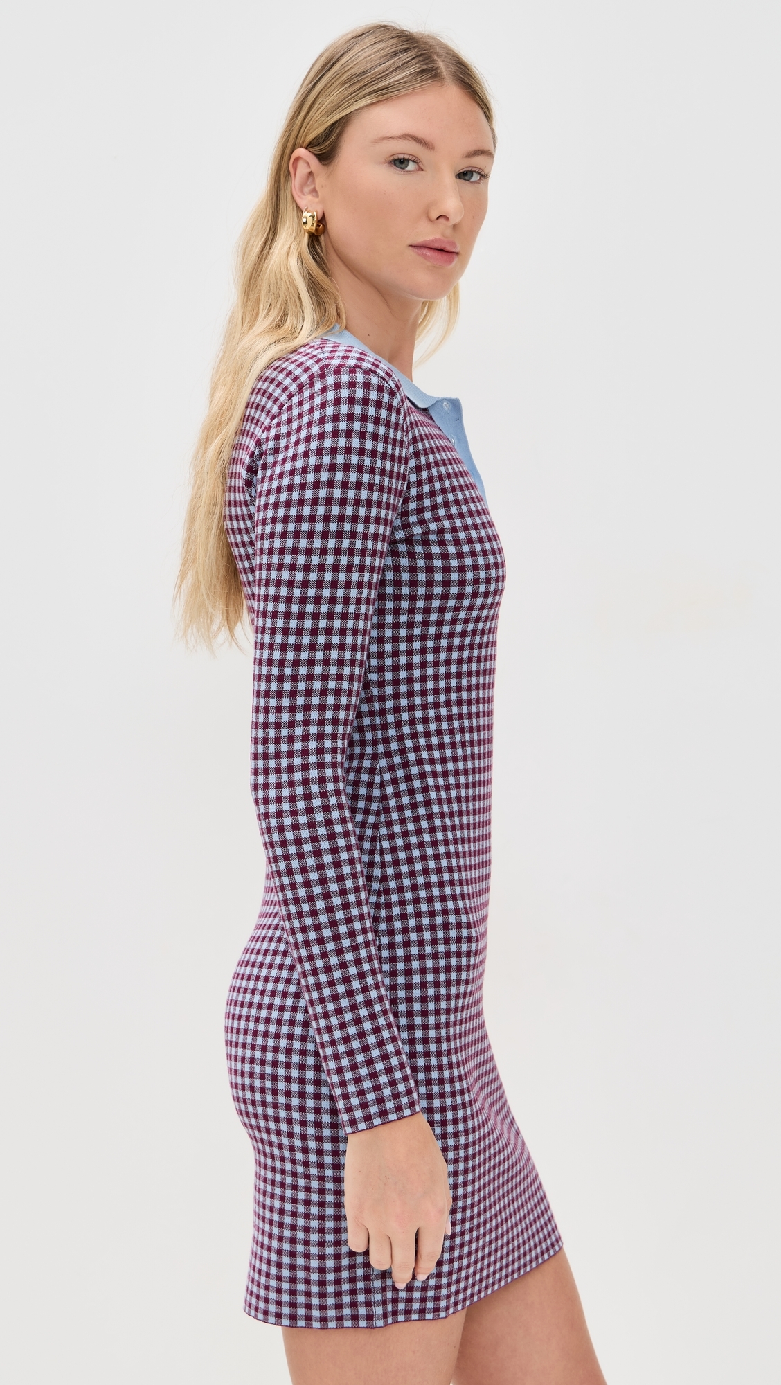 Gingham Knit Polo Dress Burgundy/Light Blue