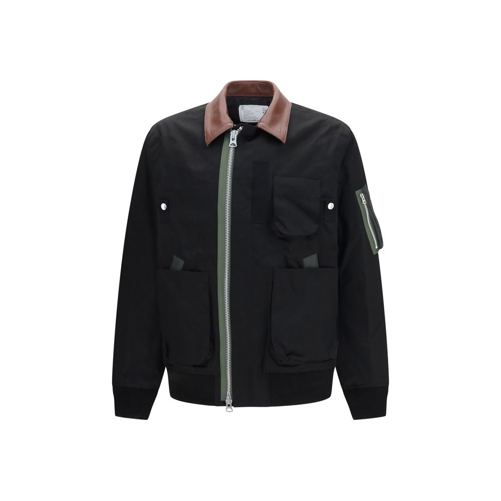 Leather-Trim Cotton Bomber Jacket — Black