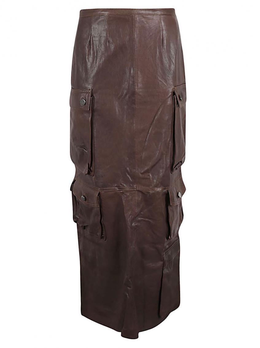 Brown Leather cargo long skirt