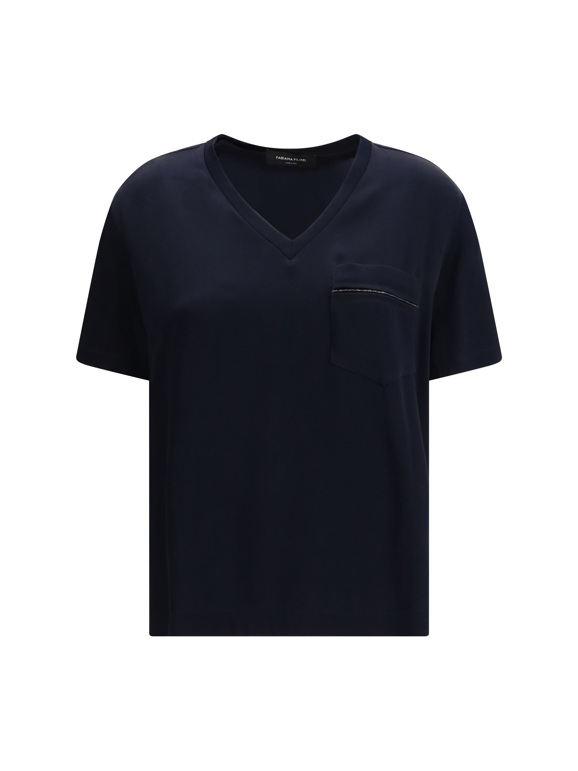 V-Neck Viscose-Acetate T-Shirt — Navy