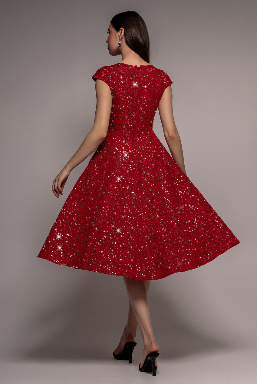Goddiva Bead Embellished Jacquard A Line Midi Dress - Red