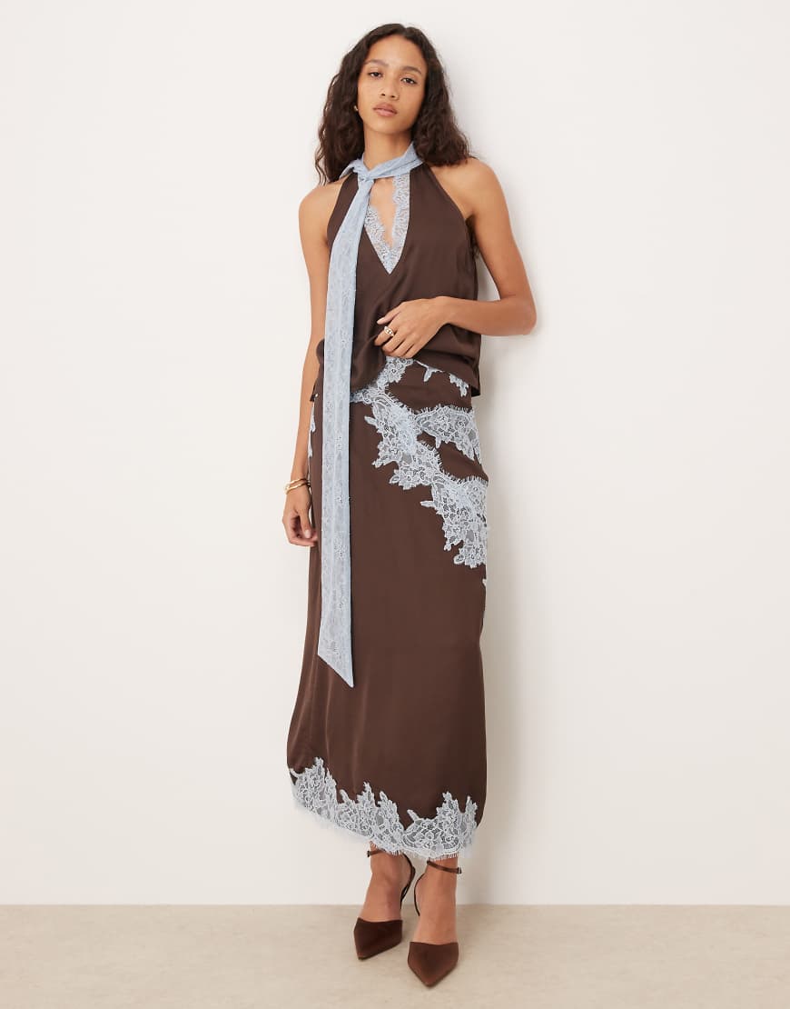 Lace trim satin maxi skirt co-ord in chocolate-Brown