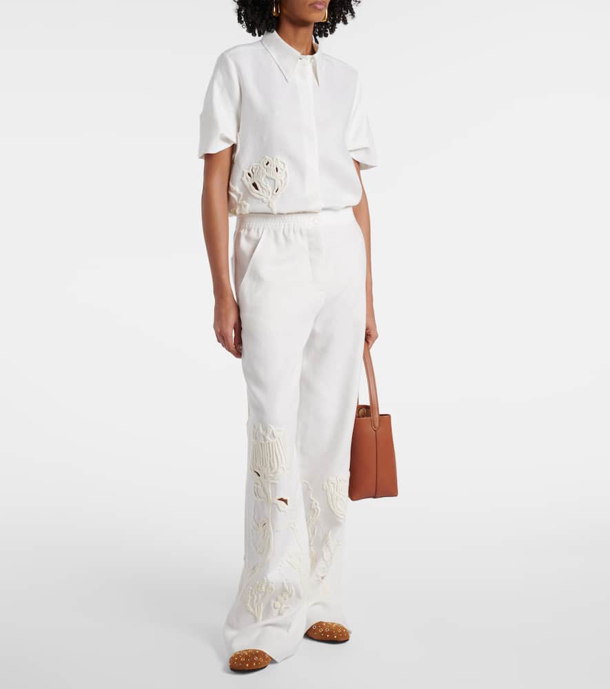 Embroidered Beauty linen wide-leg pants