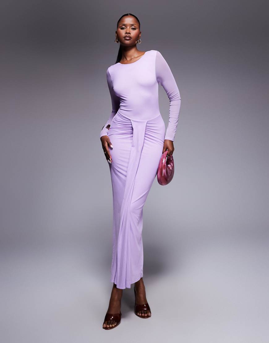 Mesh long sleeve slash neck open back midi dress with sash in lilac-Purple
