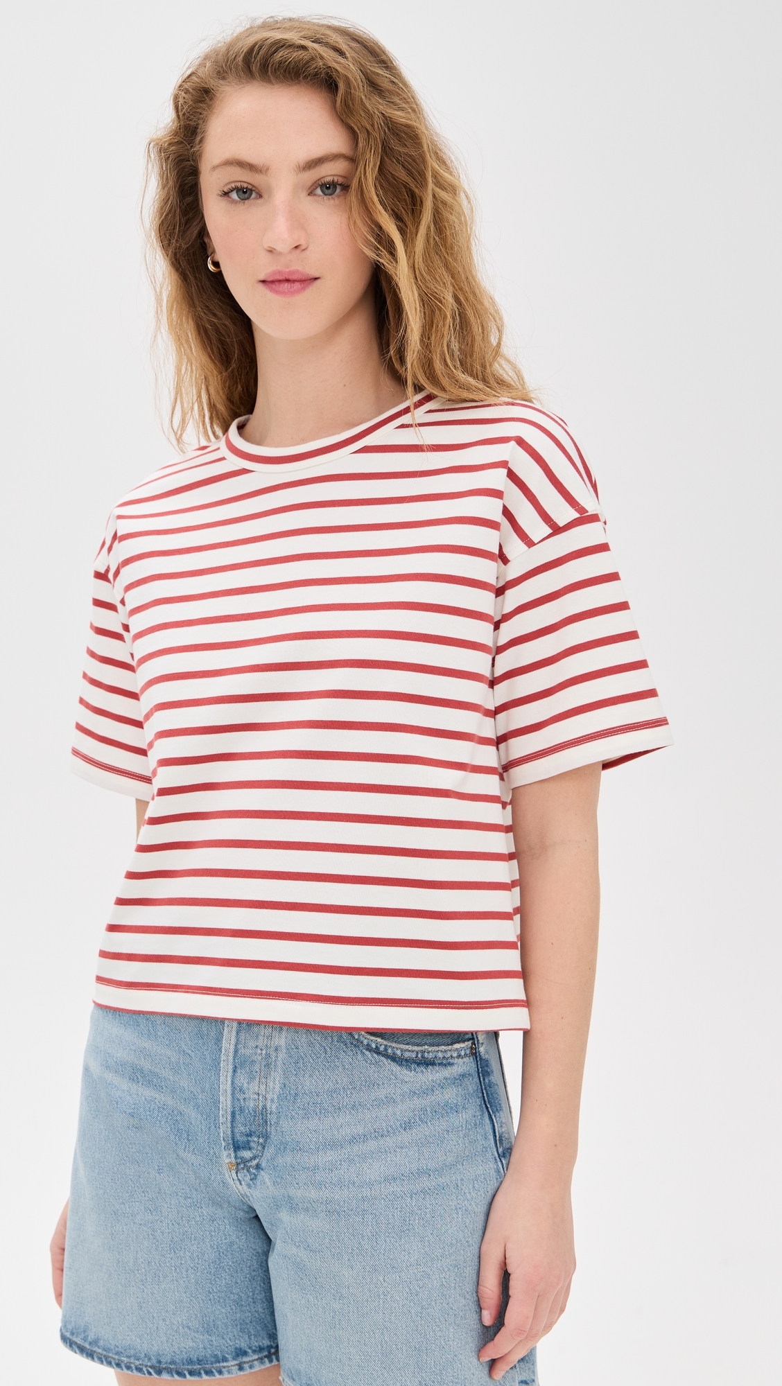Madewell Everyday Boxy Crop Tee in Stripe Lighthouse Red Stripe