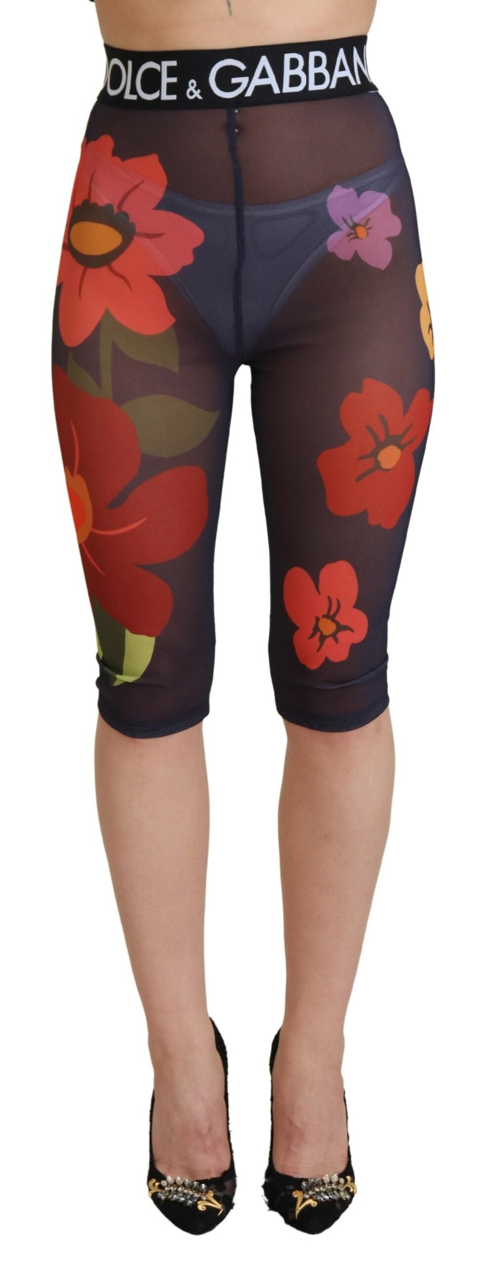 Floral-Print Stretch Leggings — Black