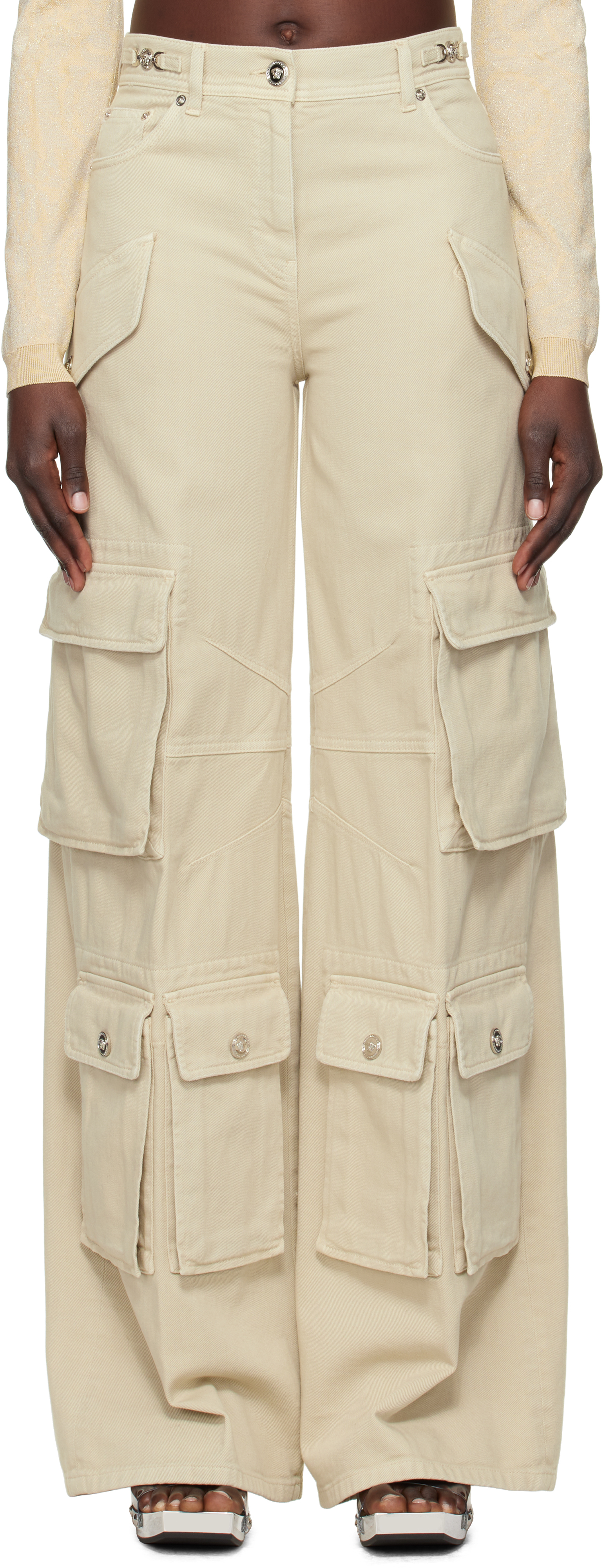 Versace Beige Medusa Denim Cargo Pants