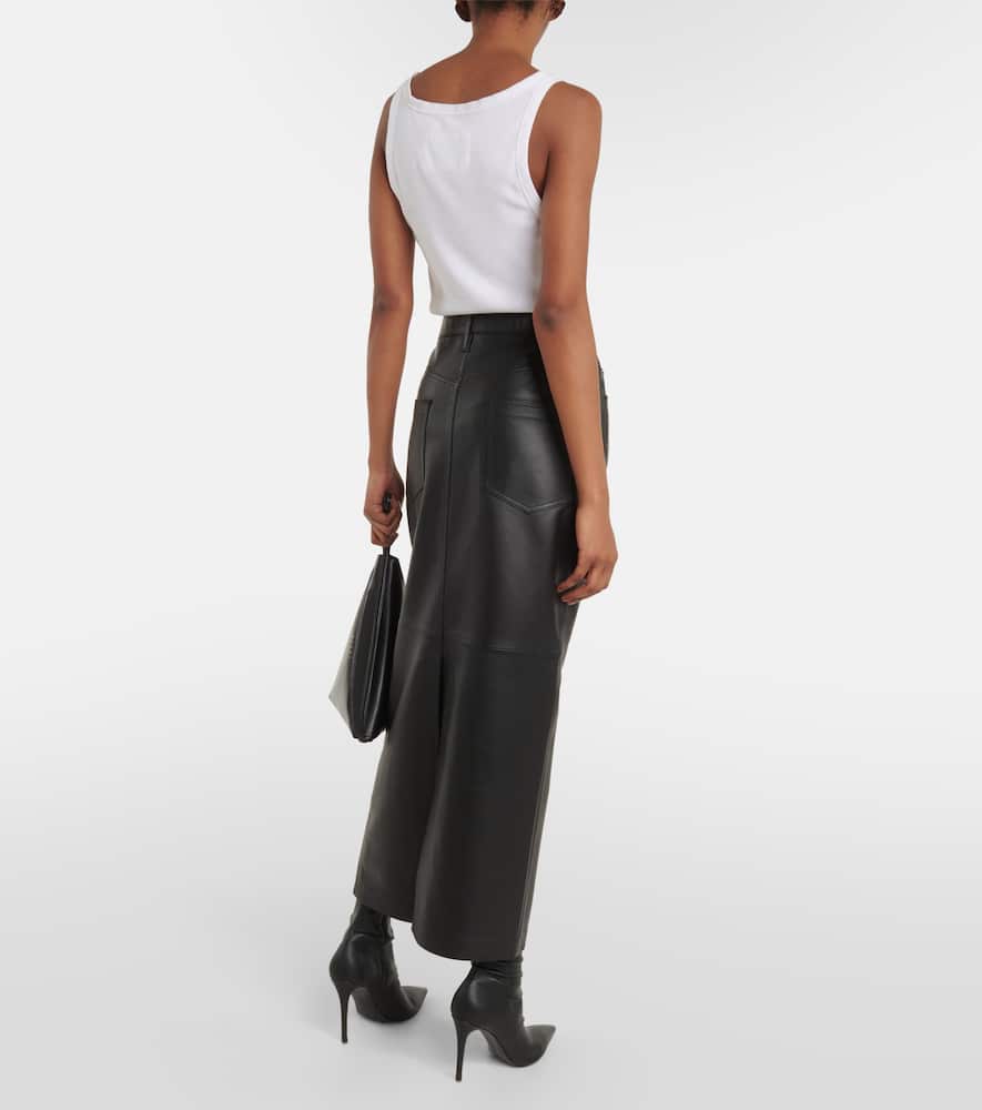 Back-slit leather maxi skirt
