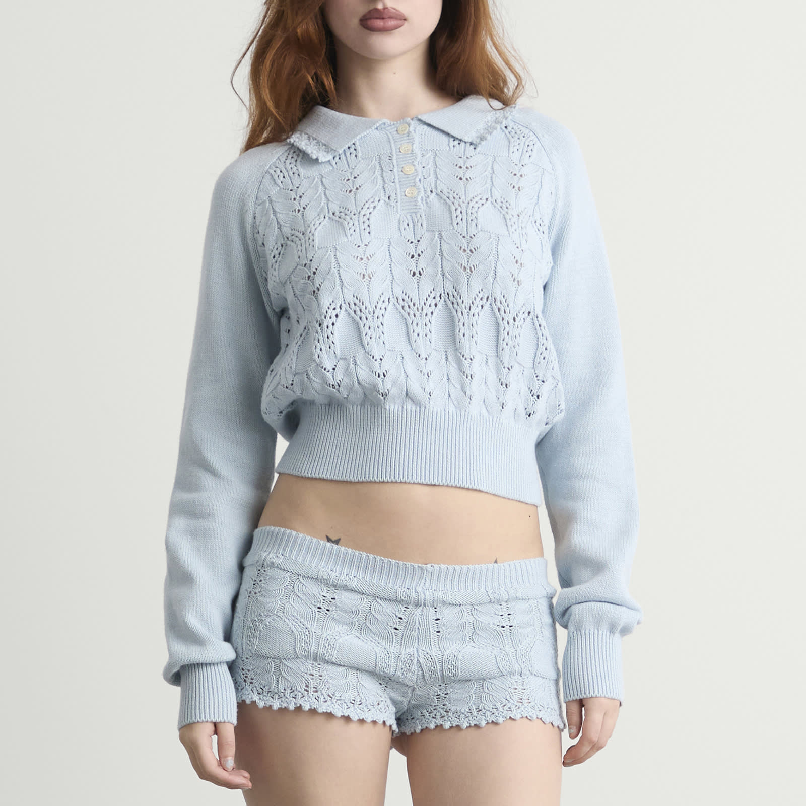 Women's Buttoned Lace Knit Pullover in Bluewish