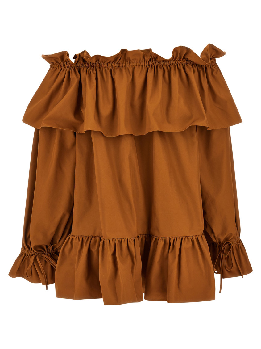 Brown Ruffle Dress With Bare Shoulders In Cotton Twill Woman