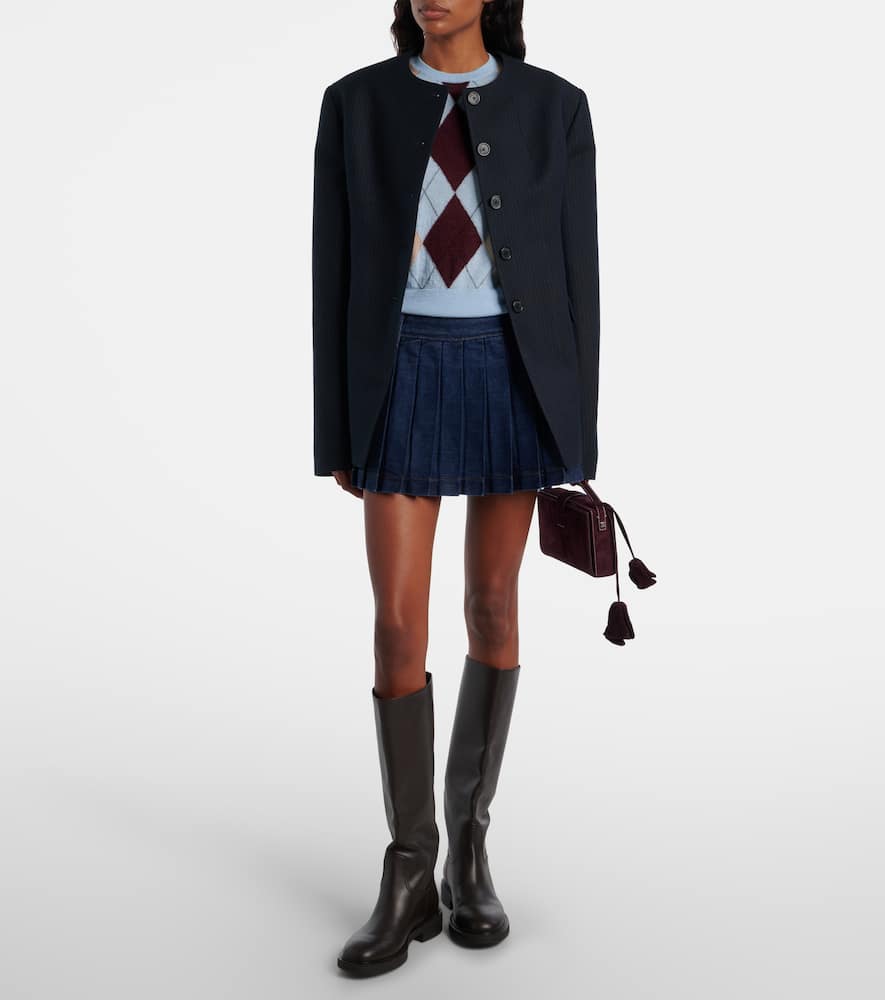 Pleated low-rise denim miniskirt