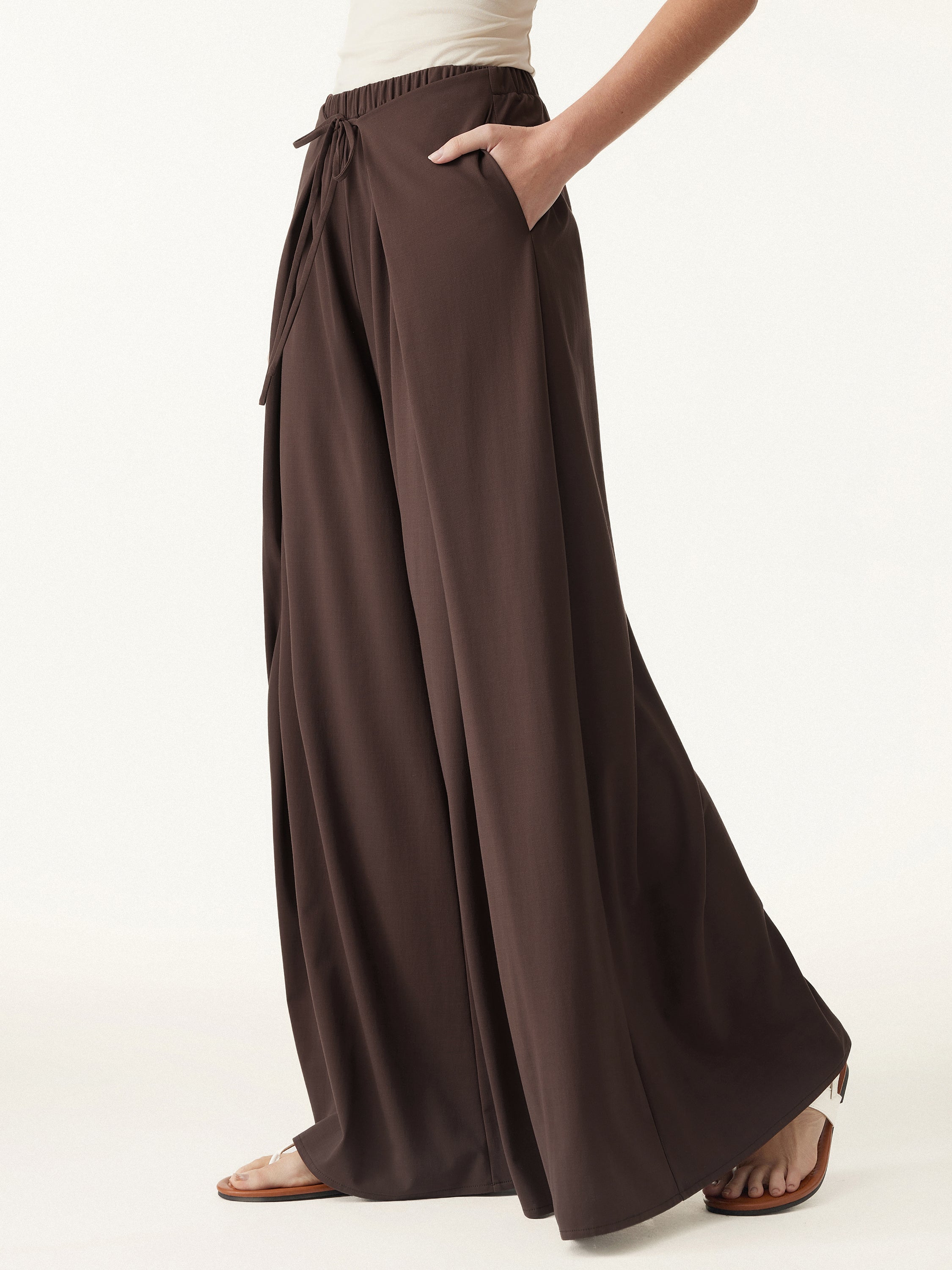 Bamboo Ponte Wrap-tie Palazzo Pants with Pockets - Regular / Walnut