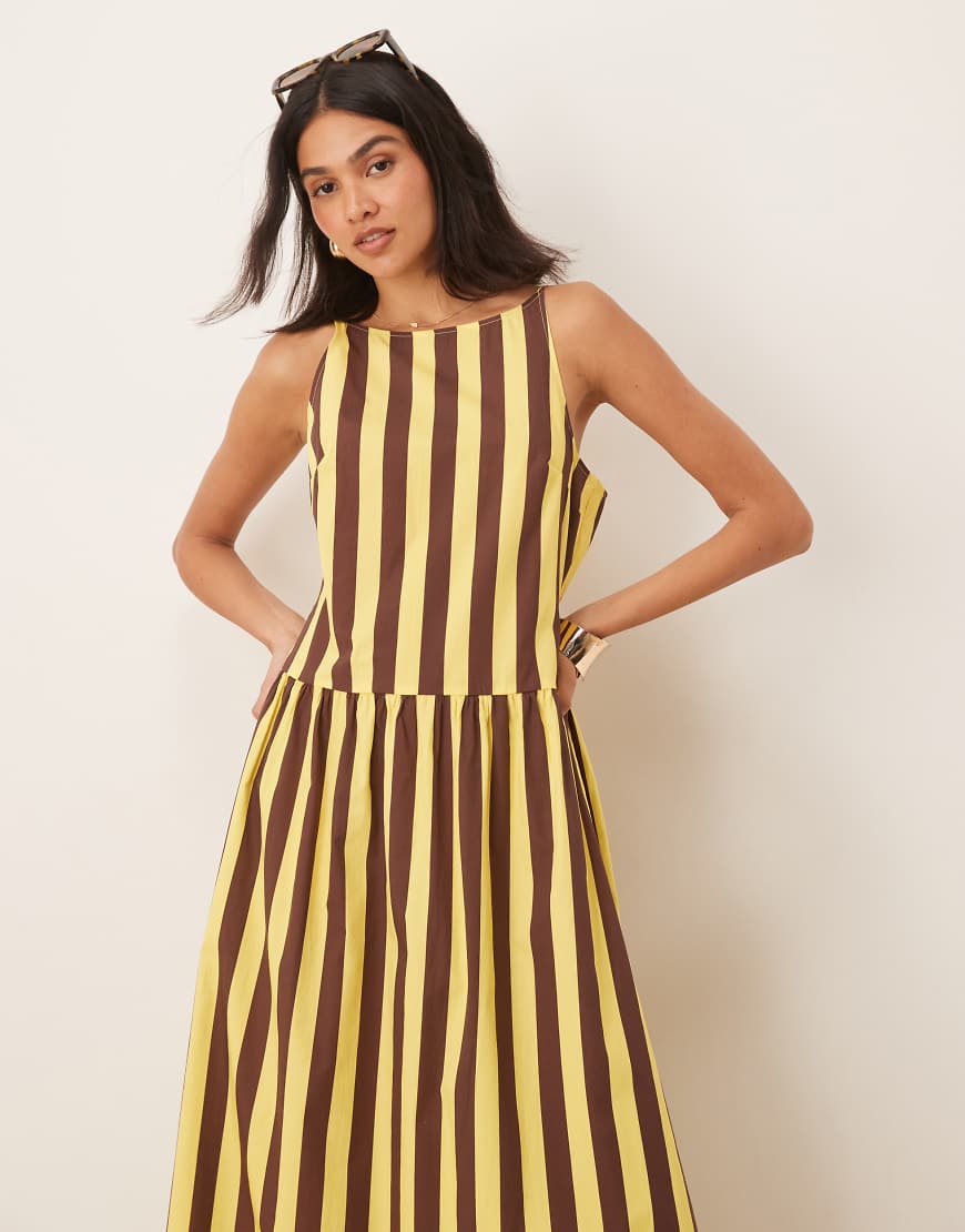 ASOS DESIGN poplin dropped waist racer neck maxi dress in yellow stripes-Multi
