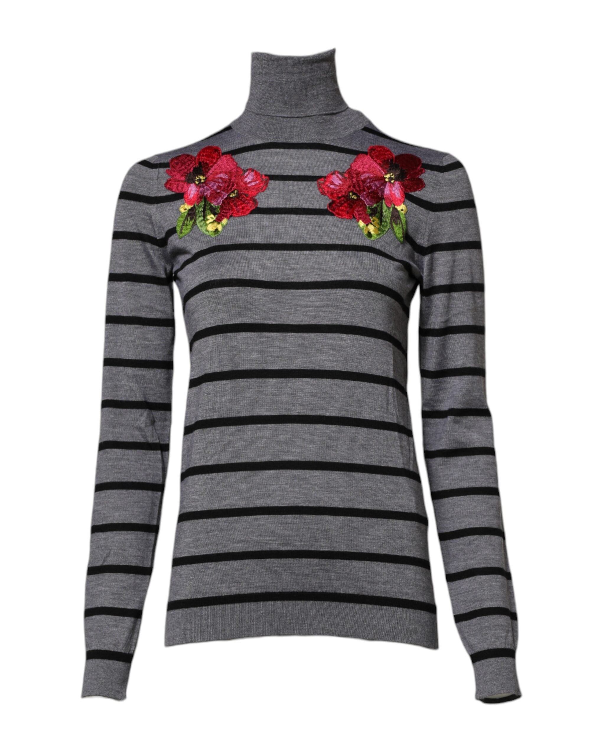 Floral-Embroidered Striped Sweater — Gray