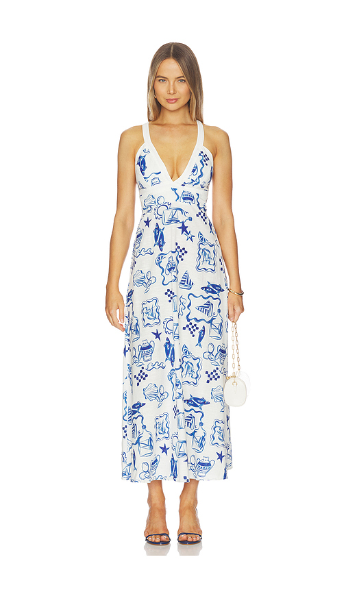 MINKPINK Baci Cross Back Midi Dress in White, Blue. M. Also in L, S