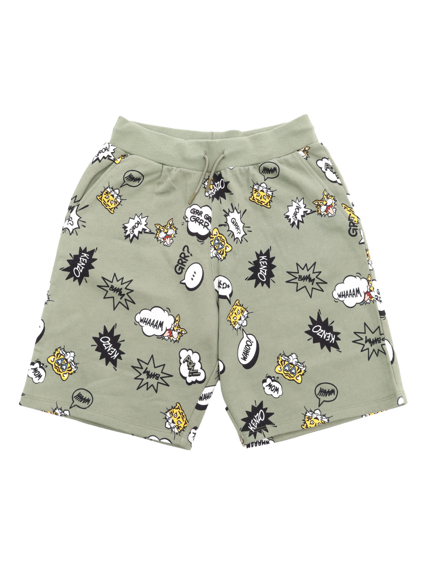 Tiger-print drawstring cotton shorts - Green