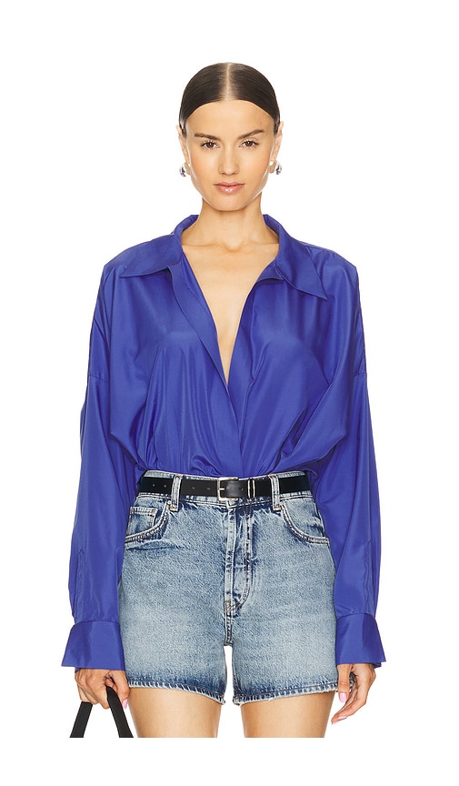 Norma Kamali Super Oversized Boyfriend Shirt Bodysuit in Blue.  XXS. Also in