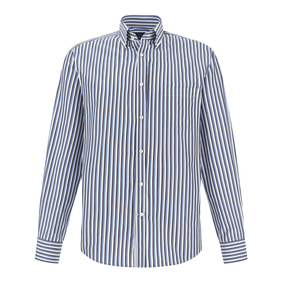 Cotton Poplin Shirt with Striped Pattern, Man, Stripes White Blue Cobalt Blue