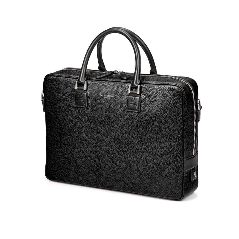 Mount Street Leather Laptop Briefcase Bag in Black Pebble