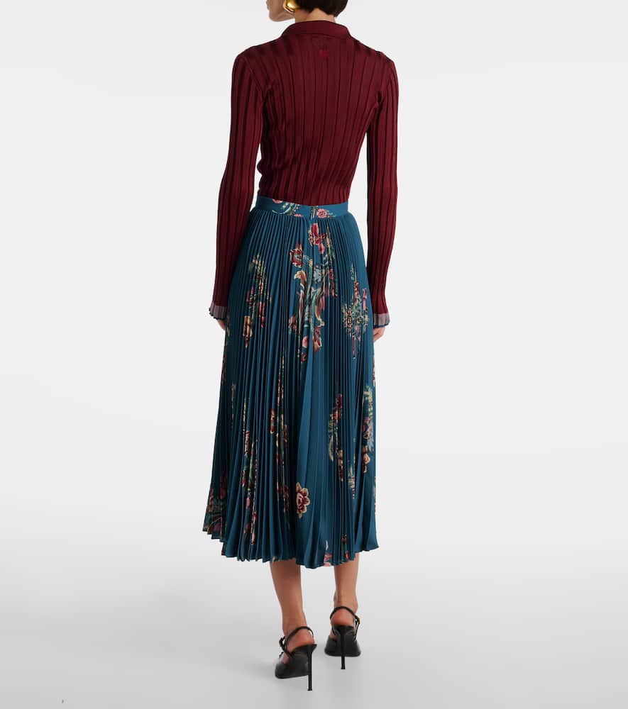 Plissé high-rise floral midi skirt