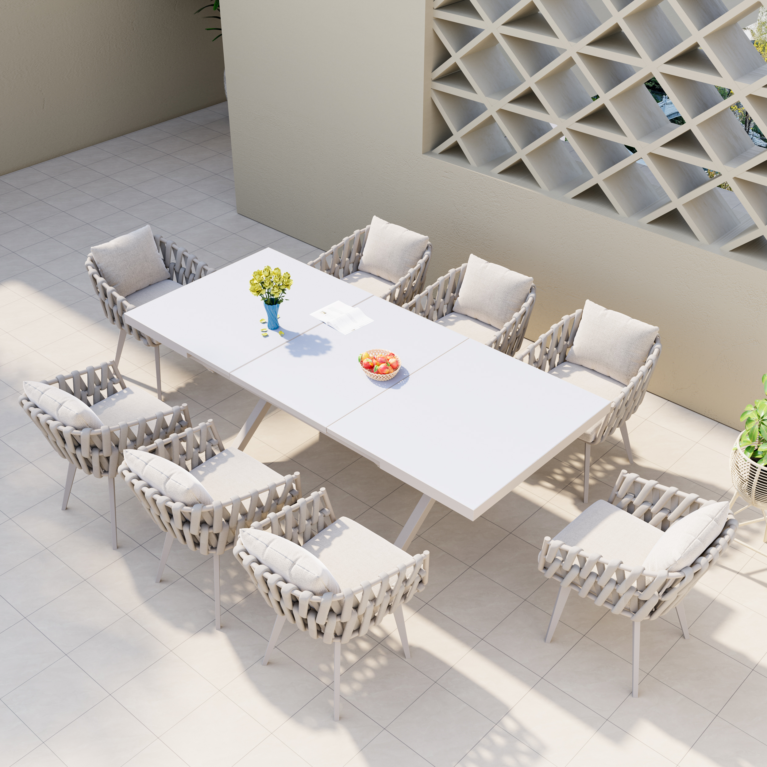 Conjunto mesa extendible y sillas jardín con 6 sillas de piedra y ratán, resistente a la intemperie, conjunto rectangular en gris y negro para terraza
