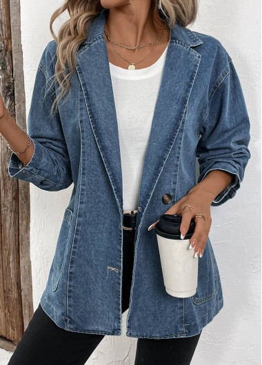 Modlily Denim Blue Patchwork Long Sleeve Lapel Coat
