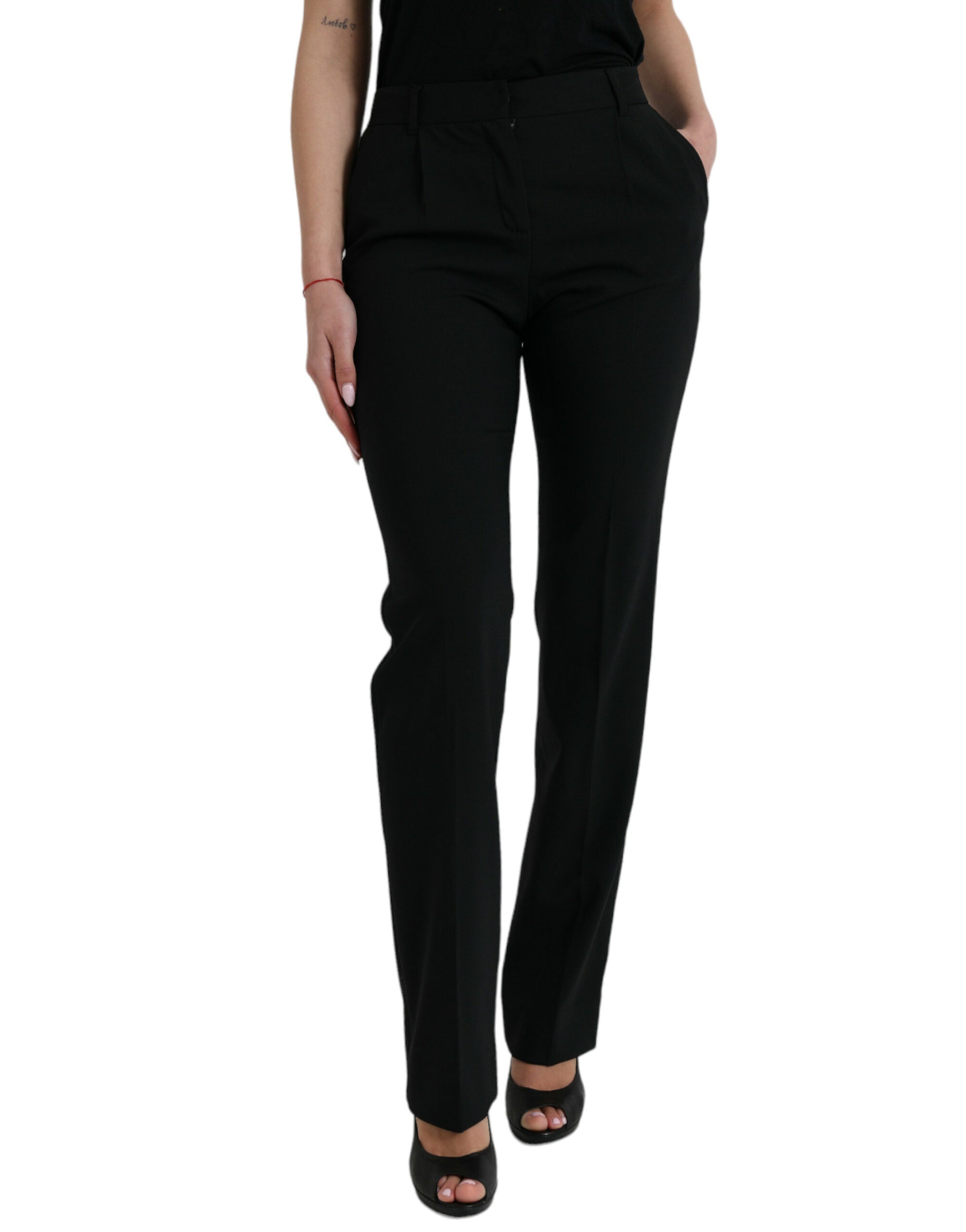 Virgin Wool Mid Waist Tapered Trousers — Black