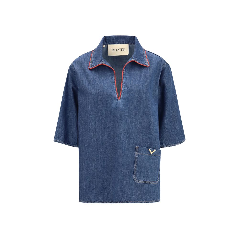 Red-Trimmed Denim Shirt — Blue