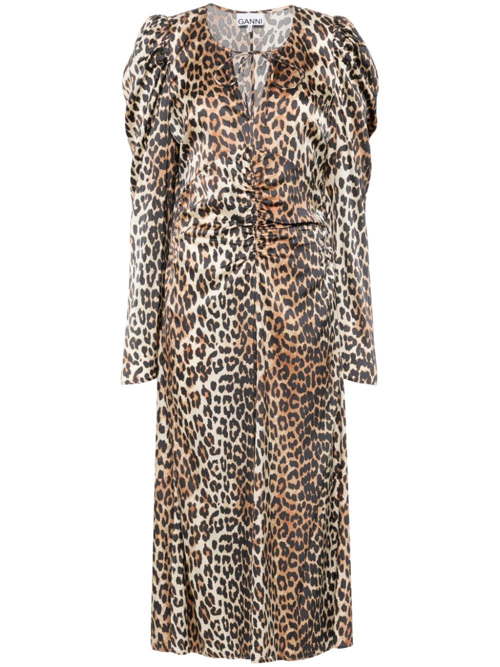Leopard-Print Ruched Dress — Brown