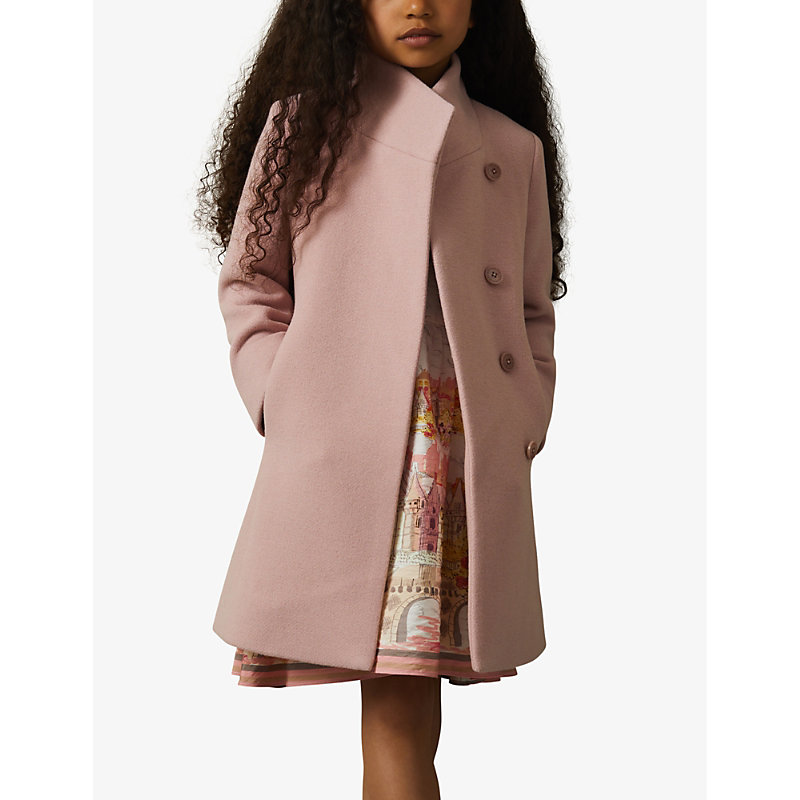 Girls Pink Kids Double-breasted Funnel-neck Wool-blend Coat 