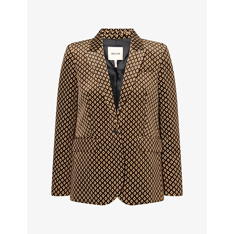 Womens Sharp Shoulder Geometric-Print Velvet Blazer