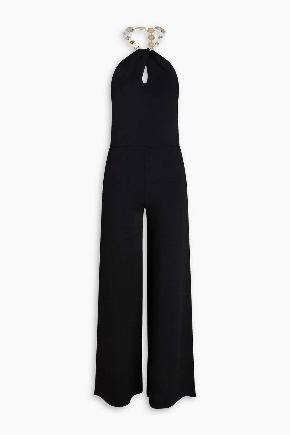 Chain-embellished stretch-knit wide-leg jumpsuit - Black - L