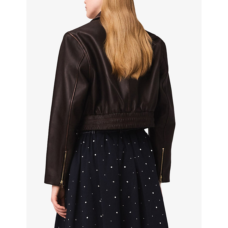 Womens Cropped Smocked-Waist Leather Jacket