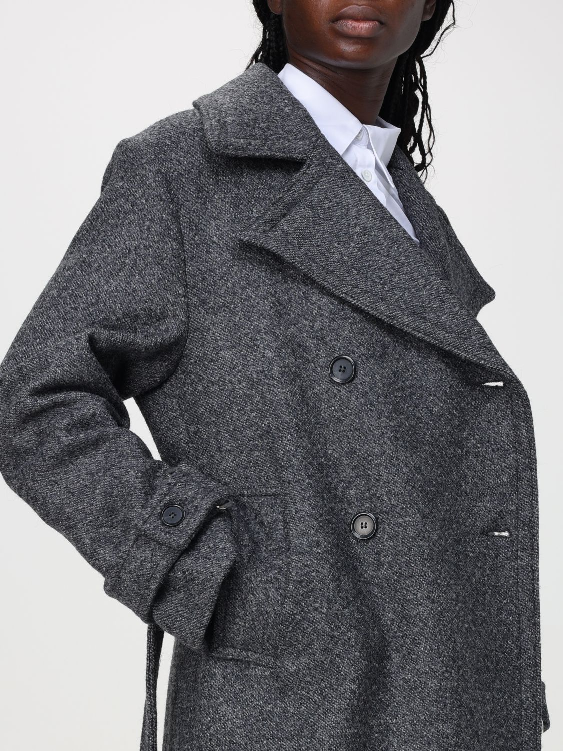 Tie-fastening double-breasted coat - Grey